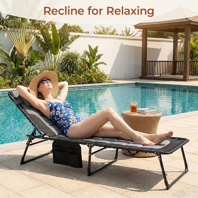 TLSUNNY Padded Folding Lounge Chair, Portable Reclining Chair with Pillow & Side Pocket, Outdoor 5-Position Adjustable Chaise Lounger with Carrying Handle, for Beach, Pool, Sunbathing (Black & Gray)