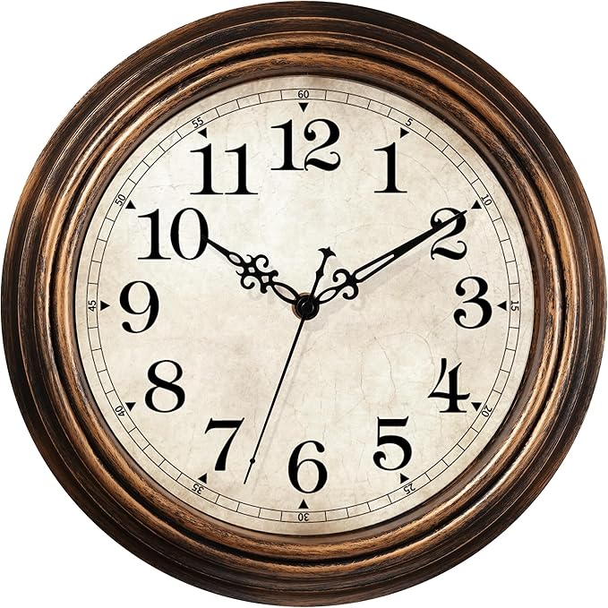 Wall Clock - 12 Inch Vintage Battery Operated - Retro Silent Non Ticking -