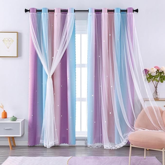 XiDi Curtains for Bedroom Decor, Rainbow Pink Purple/62/84