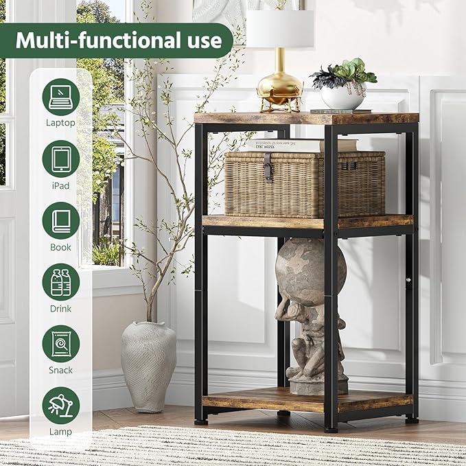 Simple Trending 3 Tier Side Table, End Table Night Stand Sofa Table Shelf for Living Room, Rustic Brown