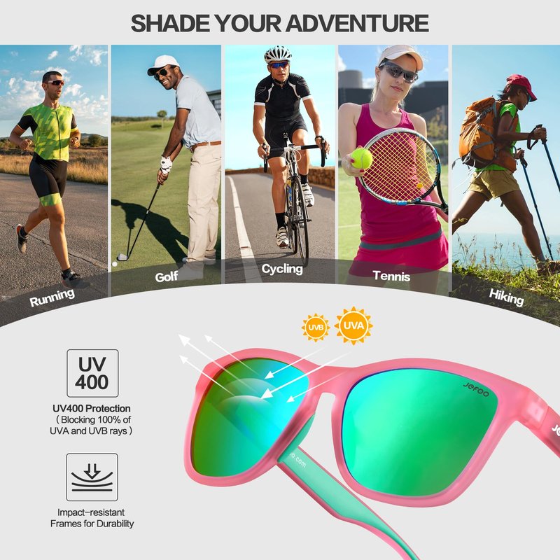 Jefoo Polarized Sports Running Sunglasses for Women Men Retro Trendy Sun Glasses UV400 Protection Tangle Free