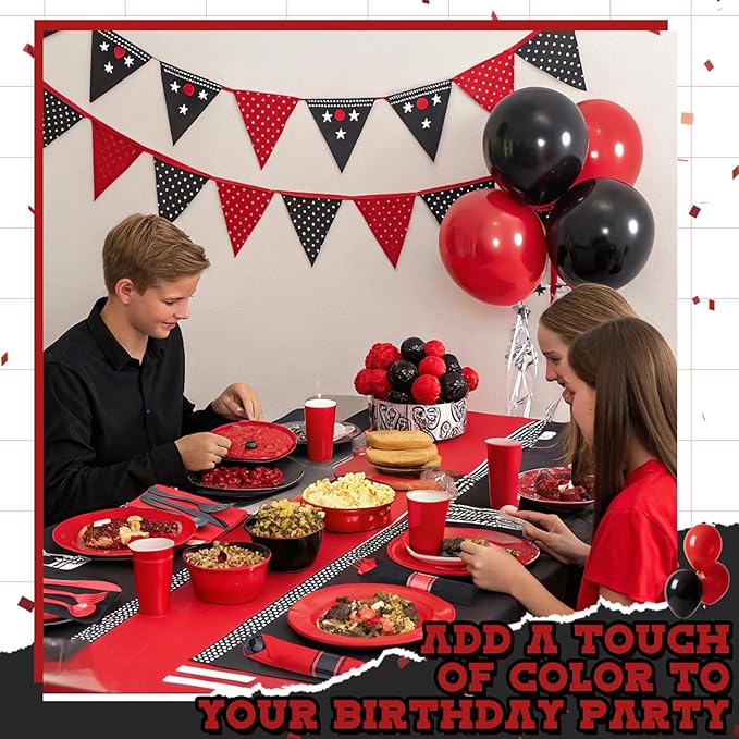 Lasnten 50 Pcs Pre-rolled Red and Black Plastic Silverware Set for 50 Guest Disposable Plastic Gothic Cutlery Set with Napkins for Red and Black Party Birthday Wedding Retirement Party Supplies