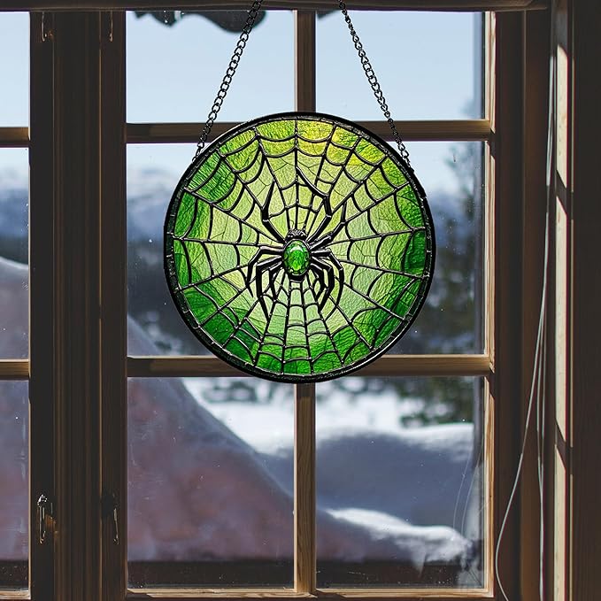 Stained Glass Window Hanging - Black Green Horror Spider Web Suncatcher for Doors Garden Patio Sun Catchers Decor Christmas Halloween Birthday Gifts for Women Men Mom Nana Friend 6.3 in