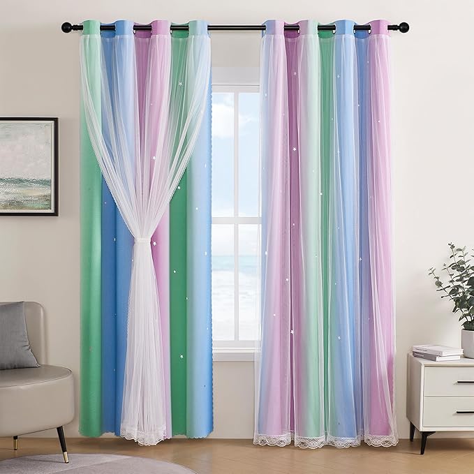 XiDi Curtains for Bedroom Decor, Rainbow Green PurpleBlue52/90/1