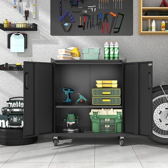 Metal Storage Cabinet with Wheels, Lockable Garage Storage Cabinet with Doors