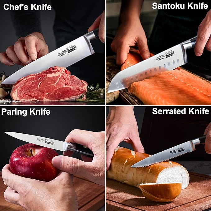 Cooks Standard Kitchen Knife Set with Block 12-Piece, Stainless Steel Forge High Carbon German Blade with Expandable Bamboo Storage Block for Extra Slots, Black
