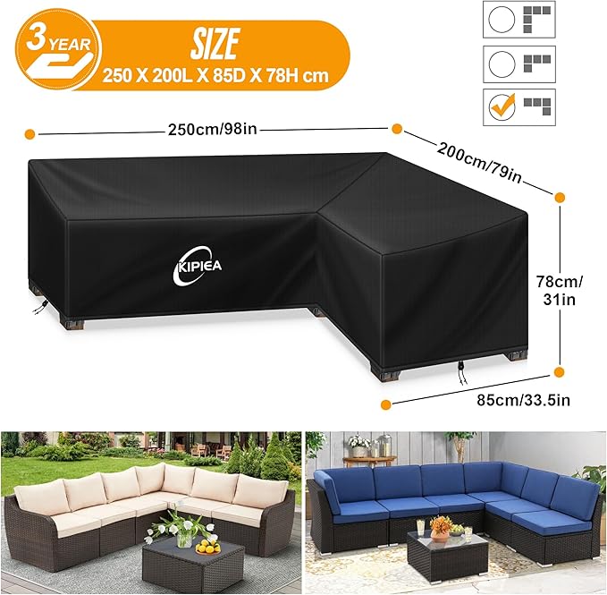 Kipiea Patio L-Shaped Furniture Sectional Sofa Covers, 420D Heavy-Duty Oxford Fabric Outdoor Sectional Cover with Windproof, Anti UV, No Tears, No Fading (Right Facing 98"x79"L x 33.5" D x 31" H)