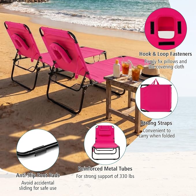 GYMAX Tanning Chair, 330lbs Beach Lounge Chair with Face Hole, Washable Pillow & Carry Strap, Adjustable Folding Chaise Lounge, Layout Chair for Outside, Patio, Poolside, Lawn (1, Pink)