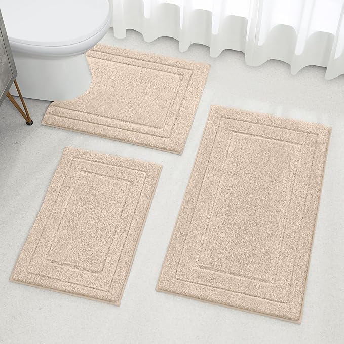 HOMEIDEAS Bathroom Rugs Sets 3 Piece, Super Soft and Absorbent Non Slip Microfiber Toilet Bath Mat with U-Shaped (Beige)