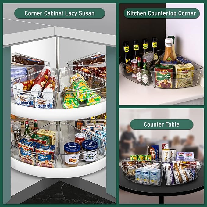 Lazy Susan Cabinet Organizer Bins for 26"/ 28"/ 32" Diameter Corner Organizer, Plastic Cabinet Storage Bin, 1/8 Wedge - Food Safe, BPA Free, with Non-Slip Pads (for 32" Diameter, 4 Pack)