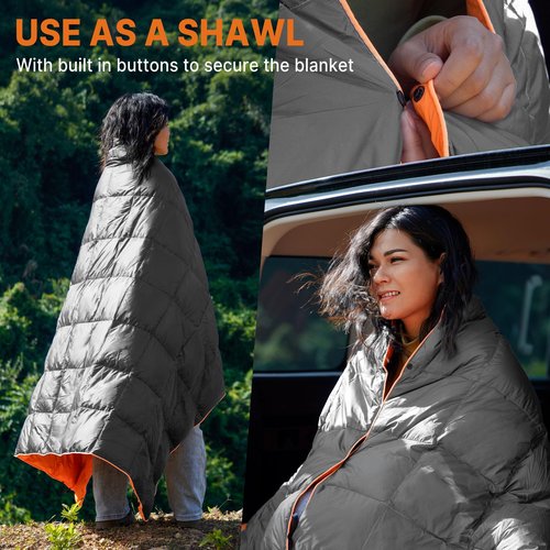 Gaialoop Down Puffy Blanket for Car Camping Outdoor Travel Backpacking, Duck Down Lightweight Portable Soft Warm Cozy Camping Blanket Quilt, 53"x78", Light Gray