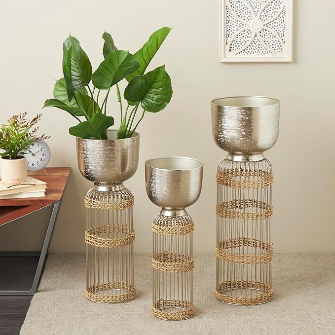 Deco 79 Metal Indoor Planter Textured Dome Large Planter Pot with Woven Seagrass and Caged Rod Pedestal Base, Set of 3 Planters 32", 27", 24" H, Silver