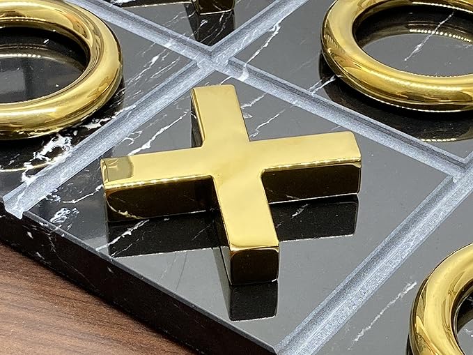 Marble Tic Tac Toe Game for Living Room Decor Centerpiece Black and Gold XO with Black Marble and Gold Color Stainless Steel Decorative Table Top X/O Board Coffee Table Décor
