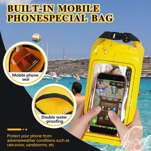 IP68 Waterproof Dry Bag - 2L Roll Top Pool Bag with Phone Pouch for Kayaking & Boating (Yellow)