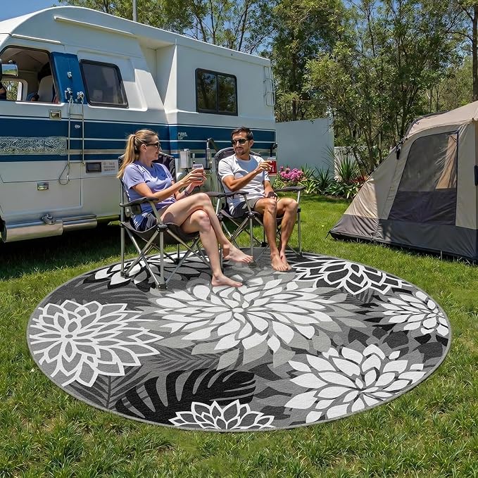 6x6 Outdoor Area Rug Washable Multicolored Patio Rug Tropical Botanical Floral Chenille Waterproof Outdoor Carpet Non-Slip for Patio, Deck, Backyard, Porch, Black