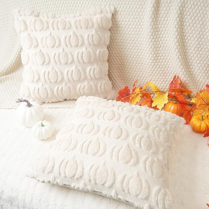 GEEORY Fall Pillow Covers 18 x 18 Inch Set of 2, Fall Decorations Pumpkins Soft Plush Fluffy Faux Fur Wool Decorative Autumn Thanksgiving Farmhouse Cushion Case for Sofa Beige GC002-18