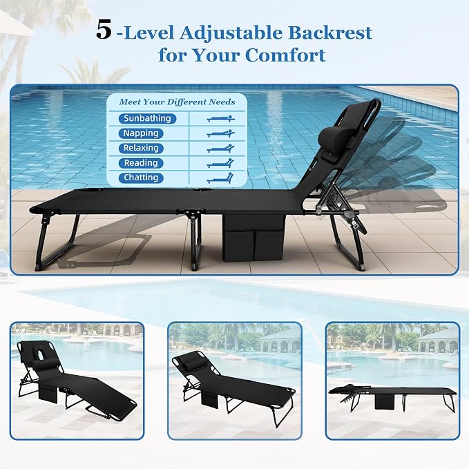 3-in-1 Sun Tanning Chair with Face Holes, Folding Chaise Lounge Chairs, 5-Position Adjustable Lounge Chair Outdoor with 2 Side Pocket & Pillow, for Pool Beach, Patio, Camping, Black