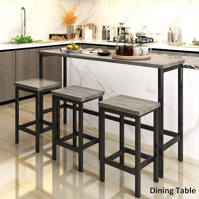 Harper & Bright Designs 4-Piece Dining Table Set, 60.2" L Solid Wood Dining Table with 3 Stools and Metal Frame for Kitchen Dining Room, Antique Grey + Black
