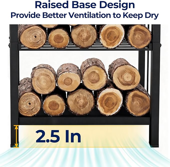 AMAGABELI GARDEN & HOME Firewood Rack Indoor with Tools 5-Piece Fireplace Tools Set Wood Holder Outdoor Wrought Iron Log Holder Firewood Storage Rack for Fireplace,Fire Pit,Wood Stove Black