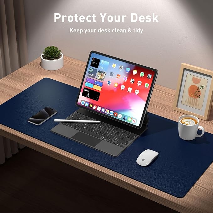 Aothia Leather Desk Pad Protector, Mouse Pad, Office Desk Mat, Non-Slip PU Leather Desk Blotter, Laptop Desk Pad, Waterproof Desk Writing Pad for Office and Home (Dark Blue,23.6" x 13.7")
