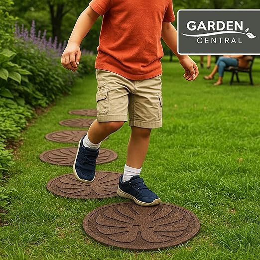 TierraVerde 4-Pack 18”x18” Fake Tropical Leaf Rubber Stepping Stones, Round, Brown – Reversible Non-Slip Outdoor Faux Decorative Set for Landscaping – DIY Decor for Walkways & Yard Pathways