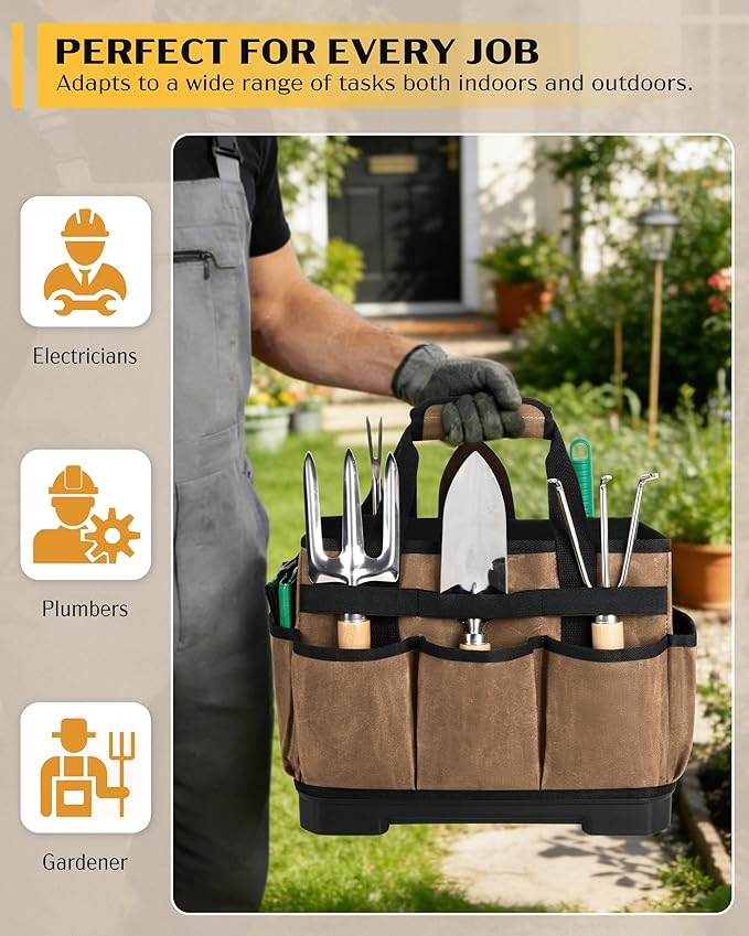 Marscamd Waxed Canvas Tool Bag with Hard Bottom and 8 Pockets, Large Tool Tote with Shoulder Strap for Tools & Gardening, Khaki