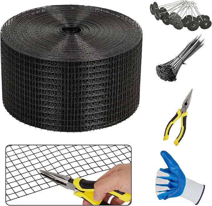 6in x 120ft Solar Panel Bird Guard & Critter Guard Mesh Kit, PVC Coated Wire Mesh Bird Wire with 100 Clips, 100 Cable Ties, Gloves, Pliers, DIY Bird Netting Solar Panel Bird Mesh Barrier