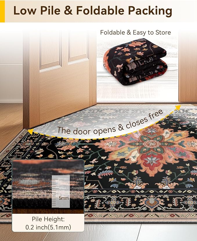 Area Rugs 2'x3' Kitchen Rugs Entry Rug Small Rugs for Entryway Kitchen Bathroom Door Mat Indoor Entrance,Washable Non Slip, Black Colorful Floral Dark Tan