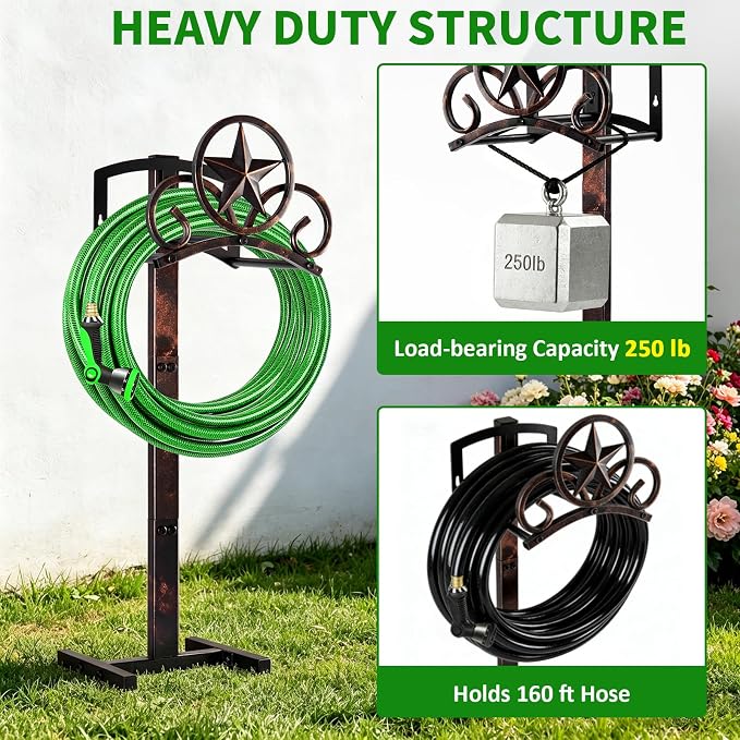 Garden Hose Holder Stand, Decorative Vintage Rustic Hose Rack with Star Design, Heavy Duty 41" Tall Metal Hose Storage for Yard/Lawn/Farm, Freestanding Hose Holder Holds up to 160Ft Hose