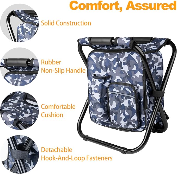 Kikerike Backpack Stool Cooler Chair Heavy Duty 300 LBS Max Load Portable Lightweight Stool Backpack Folding Fishing Cooler Seat for Camping Hunting Fishing - Arctic Camo
