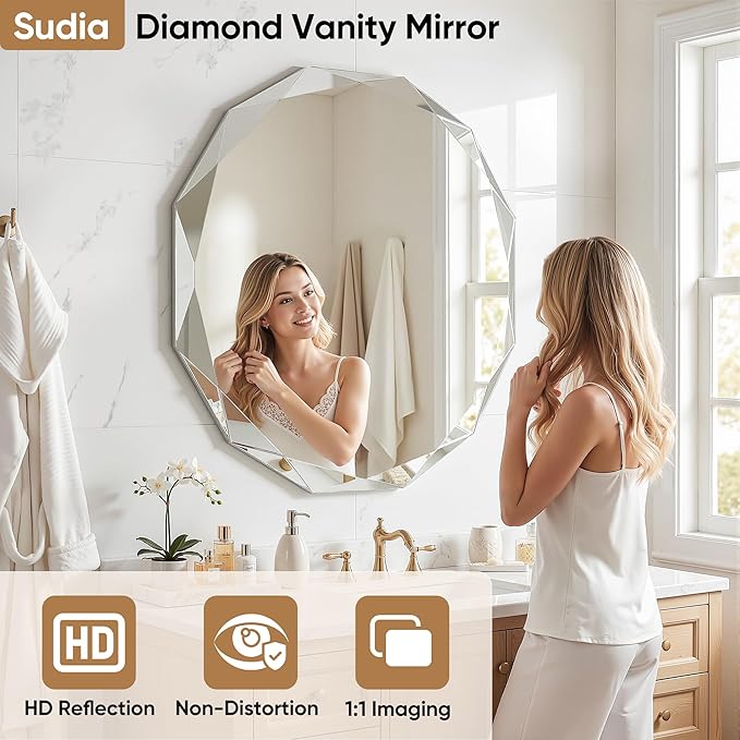 Suidia Bathroom Mirror, Frameless Bathroom Mirror