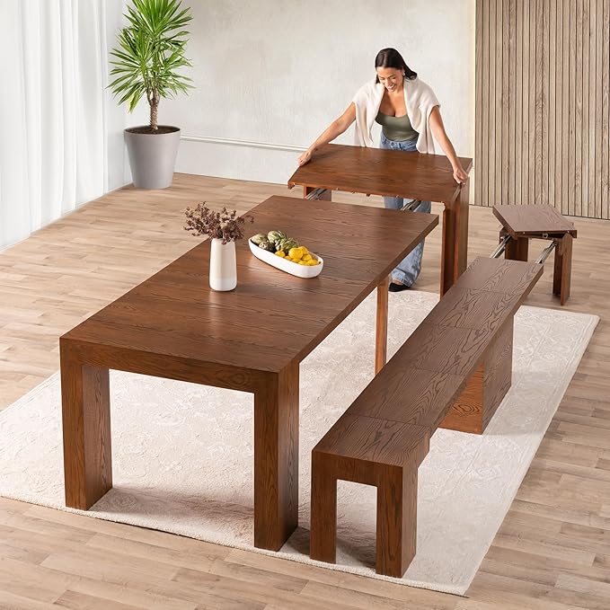 Transformer Table - Solid Wood Extendable Dining Table, Seats 2-12, Expandable Dining Room Table, Space-Saving Furniture, Kitchen and Dining Room Furniture (Brown, Table + Bench)