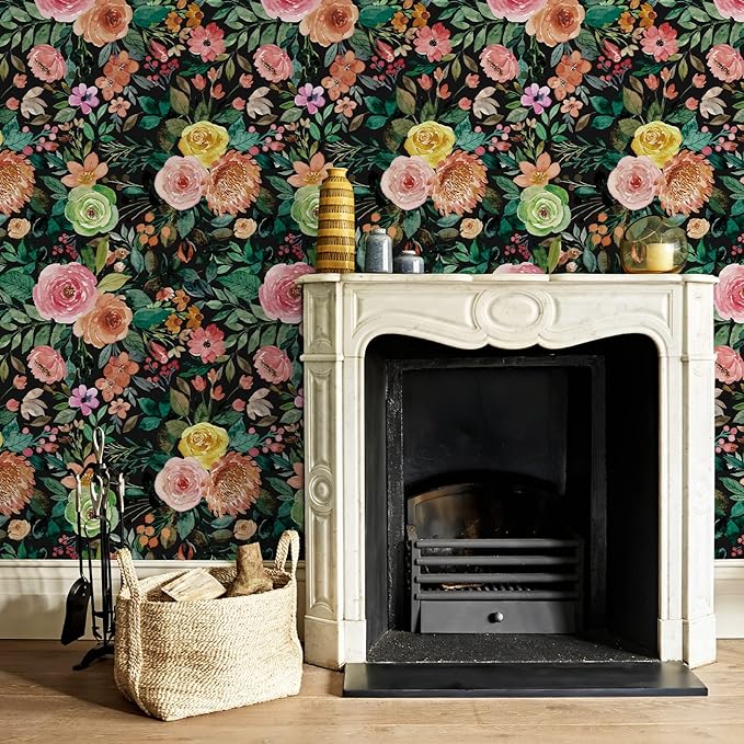 JiffDiff Dark Floral Peel and Stick Wallpaper 236.22" L x 17.7" W Black