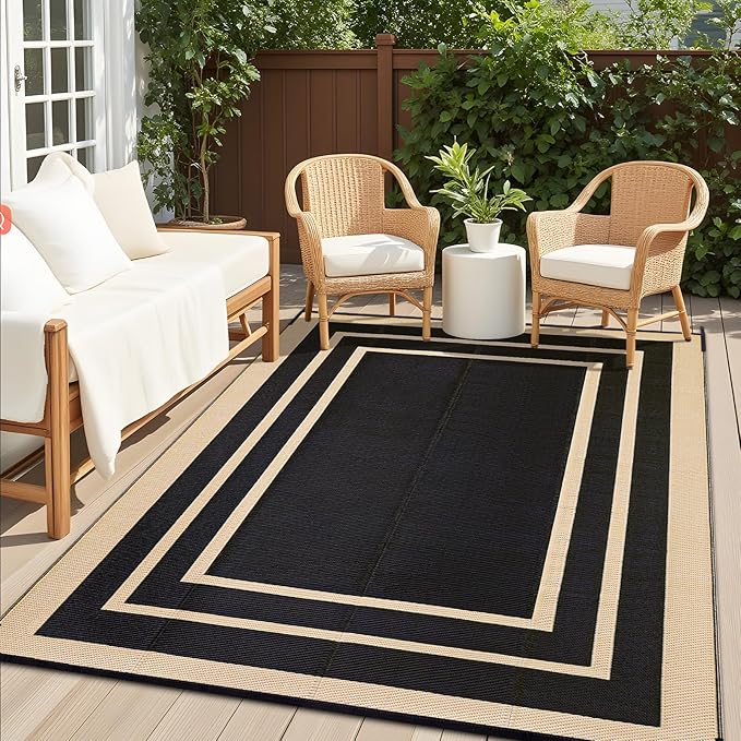 OLANLY Outdoor Rug 8x10 ft Waterproof, Reversible Outdoor Plastic Straw Rug, RV Mat, Indoor Outdoor Carpet Clearance for Patio, Camping, Balcony, Deck, Backyard, Black & Beige