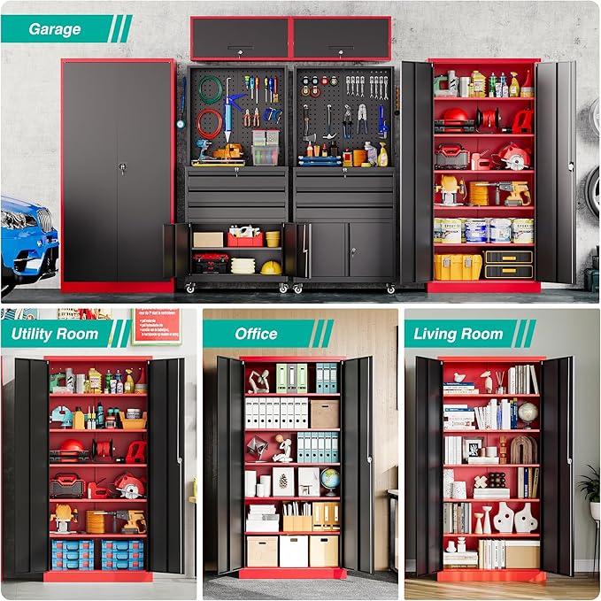 SISESOL Red Metal Storage Cabinet with Locking Doors and Shelves,Garage Storage Cabinet with Lock,Steel Locker,Lockable Cabinets for Home,Office,Shop,Garage Cabinets