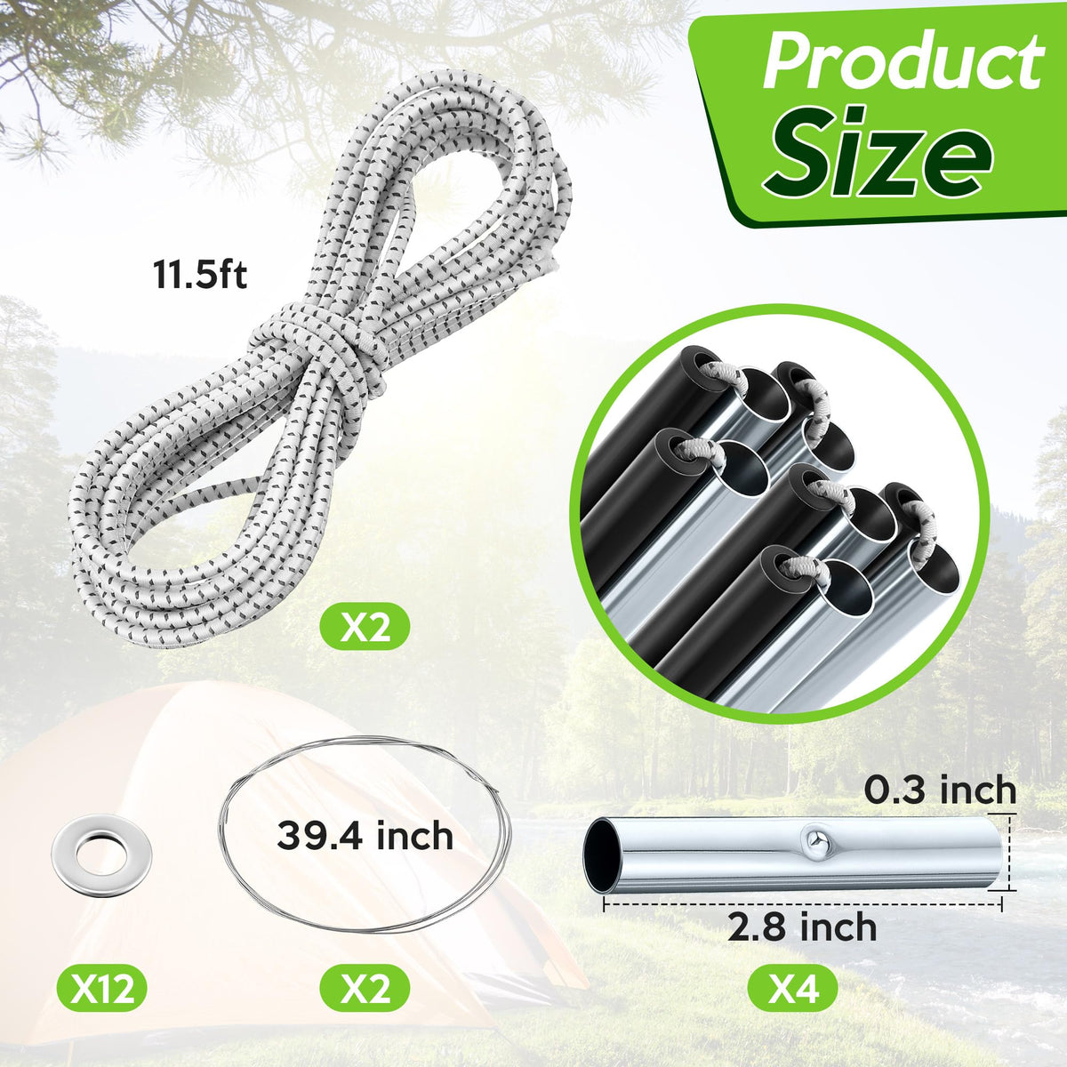 Shimeyao 2 Set Tent Pole Repair Kit, Universal Nylon Tent Poles Replacement Kit with 2 Shock Cords, 12 Washers, 4 Metal Tubes and 2 Iron Lead Wire, Repair Accessories for Camping Hiking Backpacking