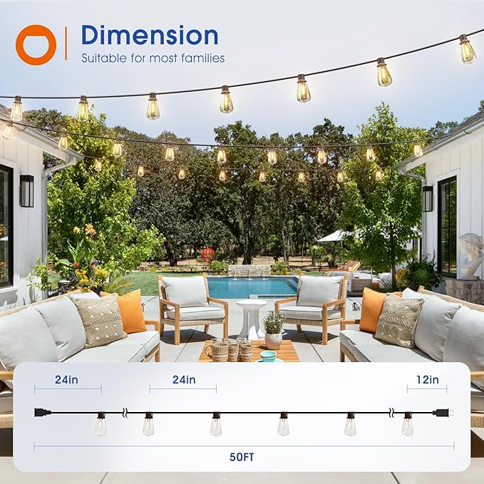 addlon 50FT LED Outdoor String Lights Waterproof Patio Lights with 27 Shatterproof ST38 Replaceable Bulbs(2 Spare), Dimmable Outside Hanging Light Connectable for Porch, Backyard, 2200K Warm Yellow