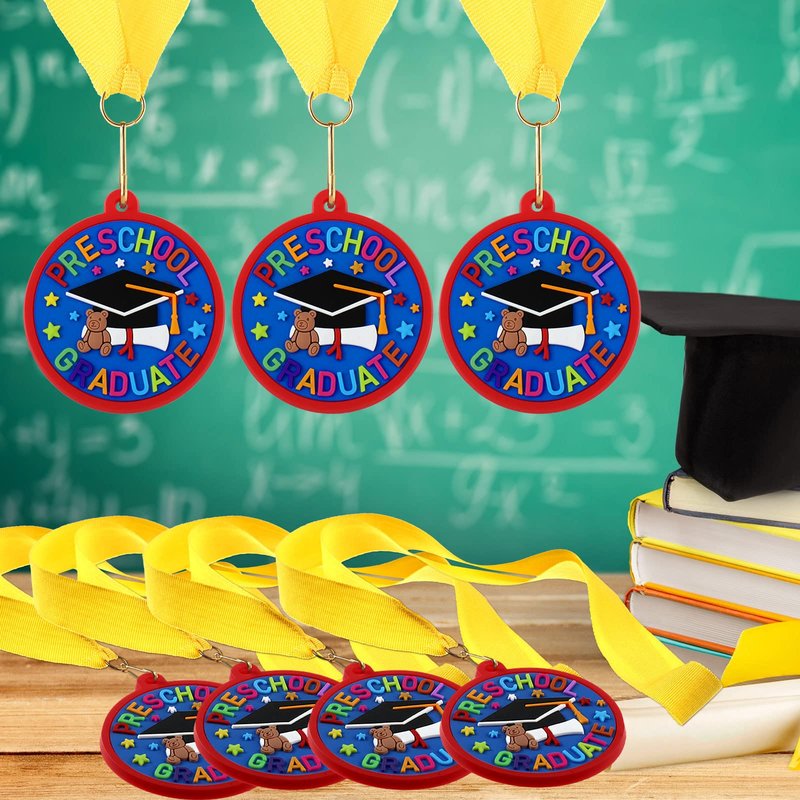 Sratte 48 Pcs Kindergarten Prek Preschool Graduation Medals for Kids, Bulk Kinder Pre-k Graduation Gifts with Yellow Ribbon, End of Year Student Gifts Party Favors Supplies, 2 Inch (Graduate Cap)