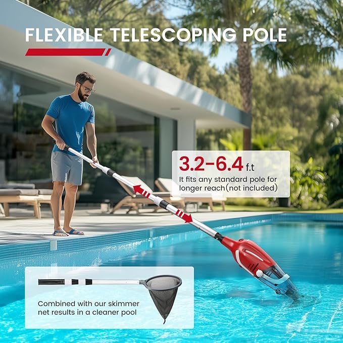 Enhulk Pool Vacuum for Above Ground Pool, 2025 Upgraded Pool Vacuum with A Telescopic Pole, 18.5 Gal/Min Powerful Suction, 80Mins Runtime, Effortlessly Cleans Debris Underwater (Red)
