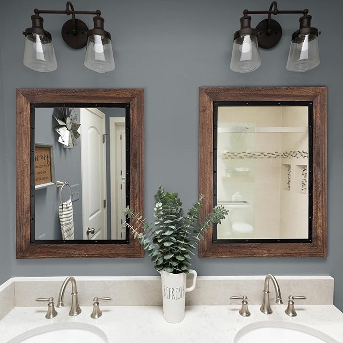 YOSHOOT Rustic Wooden Framed Wall Mirror, Natural Wood and Iron Bathroom Vanity