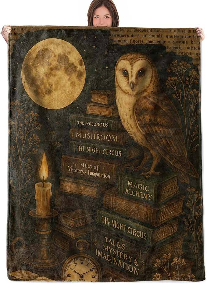 Mystical Owl and Moon Throw Blanket Gifts for Boys Girls Kids Adults, Vintage Magic Books Theme Flannel Blankets for Travel Sofa Living Room Decor 60"X80"