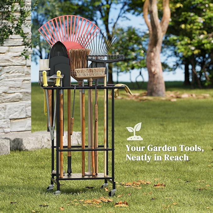 Garden Tool Organizer with Wheels, Yard Tool Rack Heavy Duty Steel Tool Organizer and Storage Holder Broom Holder for Garage, Shed, Patio, Indoor/Outdoor