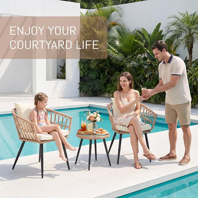Upgraded 3 Piece Patio Bistro Set for Balcony, Backyard, Porch, Beige | All-Weather Rattan Patio Conversation Set, Tempered Glass Side Table, Easy-Clean Surface