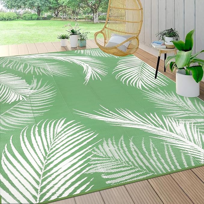 Pauwer Waterproof Outdoor Rug 8x10, Reversible Plastic Straw Patio Camping Rug, Indoor Outdoor RV Mat Carpet for Deck, Camper, Porch, Balcony, Backyard, Picnic, Leaf Green