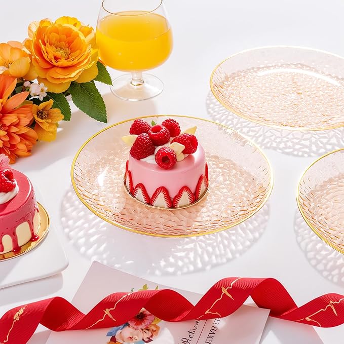 Rubtlamp 60Pcs Orange Plastic Plates, Orange Disposable Plates With Gold Rim, Hammered Plastic Plates Include 30 Dessert Platos, 30 Dinner Platos for Party, Thanksgiving