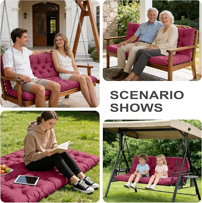 Porch Swing Cushions,Outdoor Cushions 3 Seater Replacement with Backrest, Waterproof Thickened Bench Cushion with Ties for Porch, Patio,Outdoor, Backyard and Garden (Wine Red 60 * 40 in)