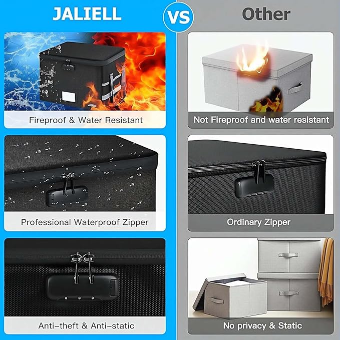 File Box with Lock, Fireproof Document Box File Organizer with Zipper & Adjustable Handle, Collapsible File Storage Box for Home Office, Filing Cabinet for Hanging Letter/Legal Folder
