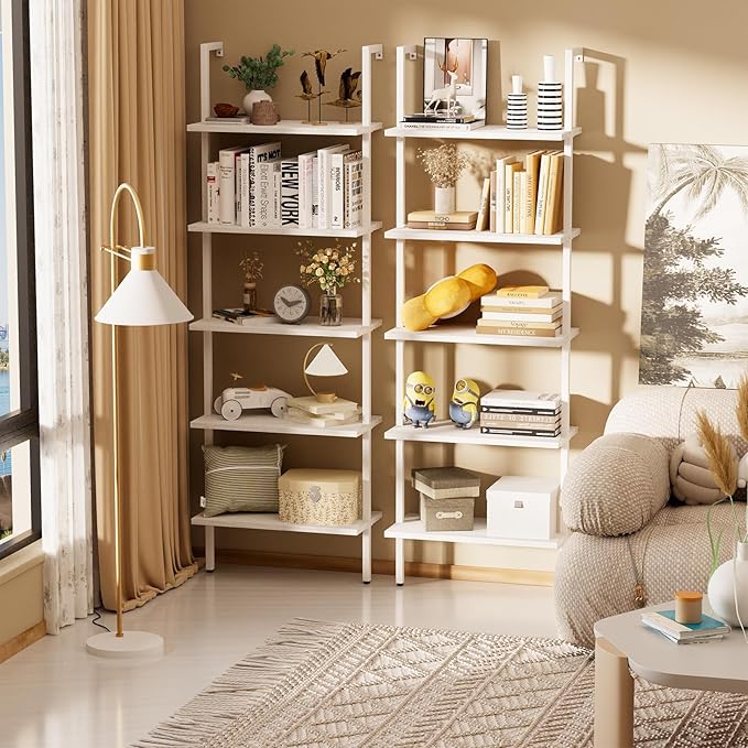 aboxoo Ladder Shelf White Wooden Bookshelf 5-Tier Wall-Mounted Open Wood Rack