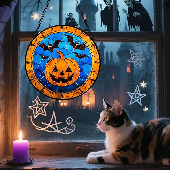 Stained Glass Window Hanging - Halloween Evil Pumpkin Suncatcher for Doors Window Garden Indoor Spooky Brown Bat Sun Catchers Gothic Decor Horror Gifts for Women Men Friend Boy Girl 6.3 in