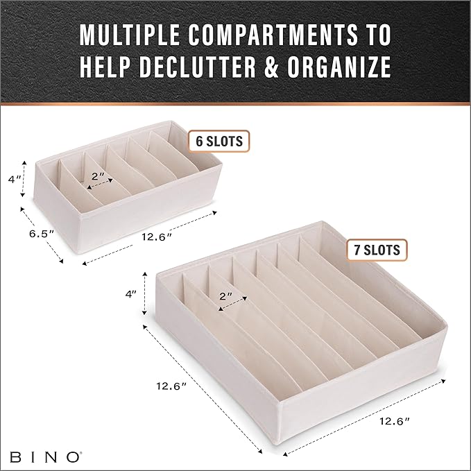 BINO 4-Pack Underwear Drawer Organizer - Beige | Sock Organizer | Drawer Organizer Dresser | Interior Drawer Organizer Storage | Dividers Dresser Drawers | Undergarment Scarf Tie Drawer Organizer
